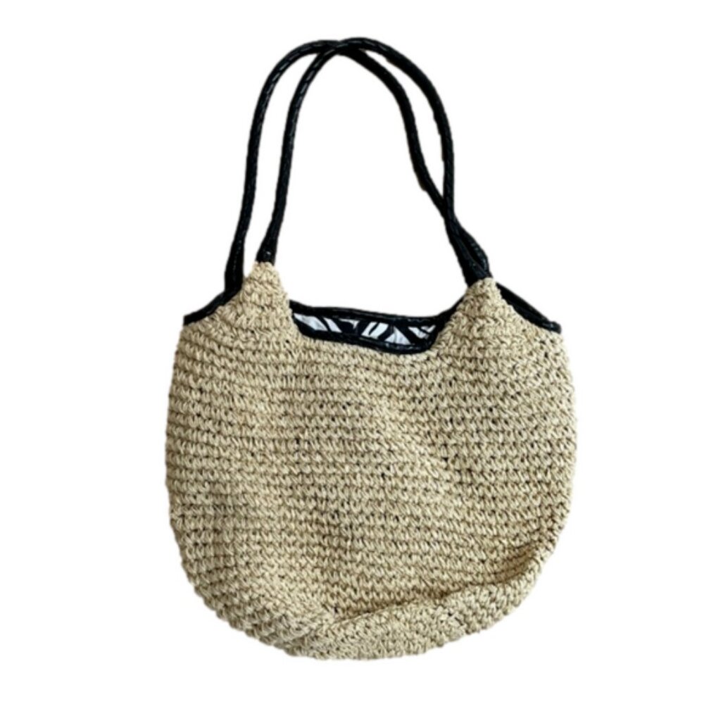 Beige Woven Beach Bag with Black Handles